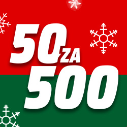 Czerwone i zielone tło z białym tekstem, "50 ZA 500" i grafiką płatków śniegu.