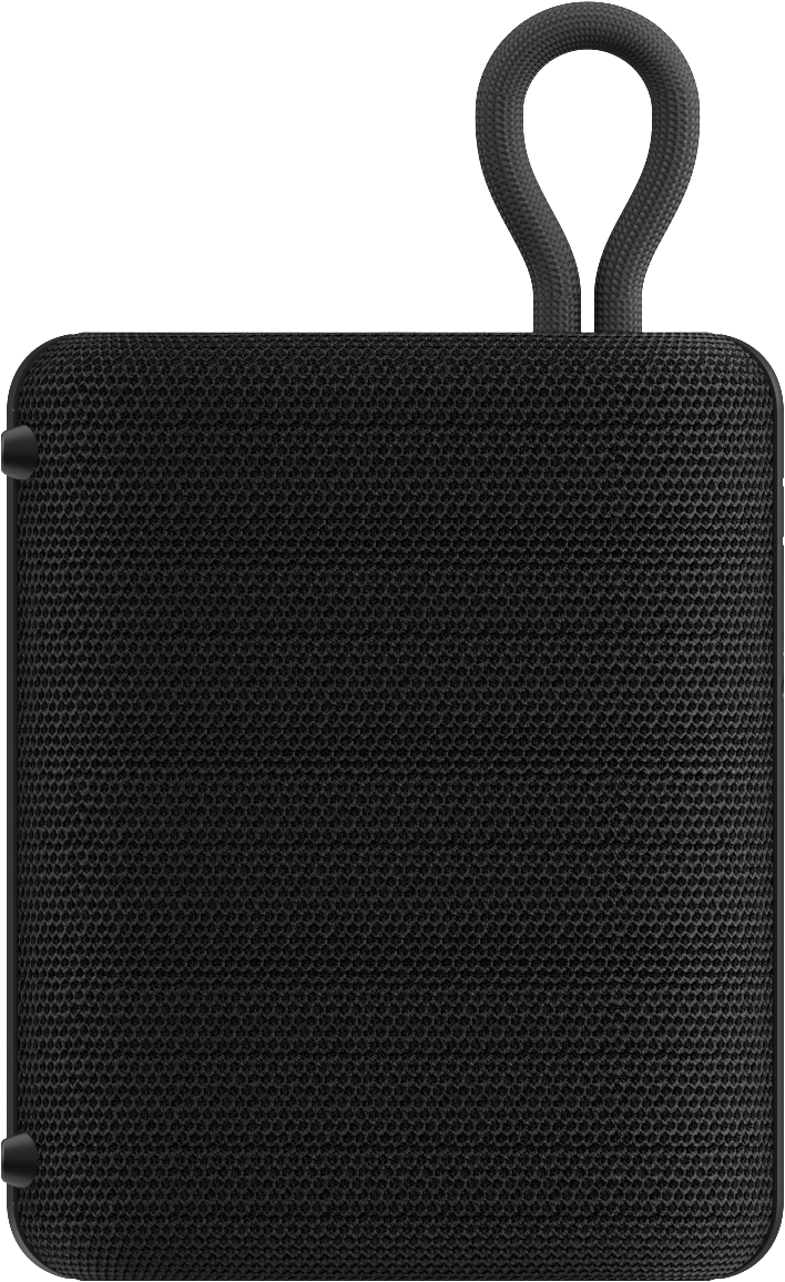Un haut-parleur portable noir avec une poignée. Le haut-parleur a une texture en mesh. La poignée est une boucle en haut.
