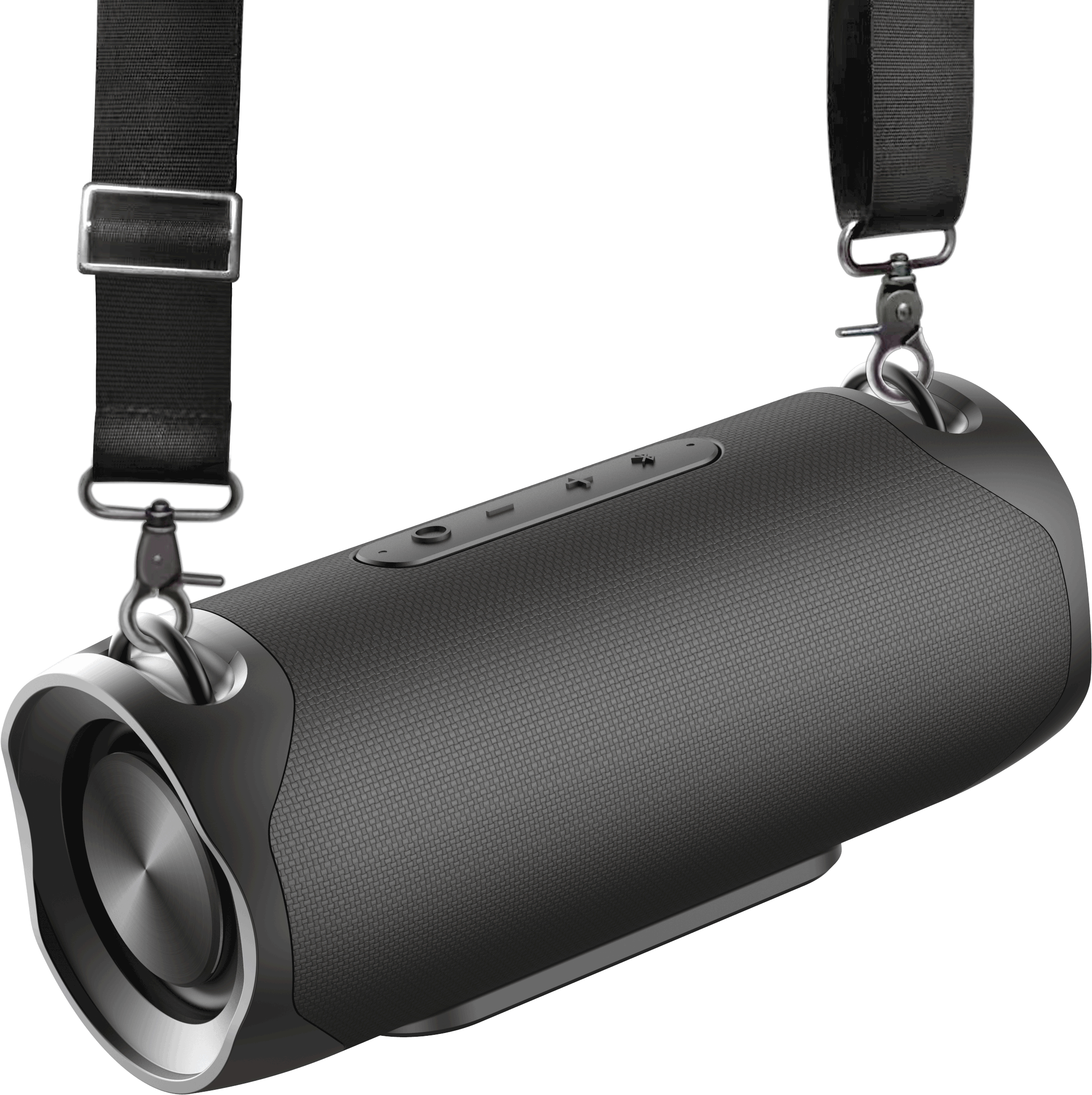 Un haut-parleur portable noir avec deux sangles noires suspendues, sur fond noir.