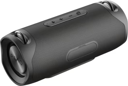 Une enceinte cylindrique noire avec des boutons sur le dessus et des extrémités circulaires. L'enceinte a une surface texturée.