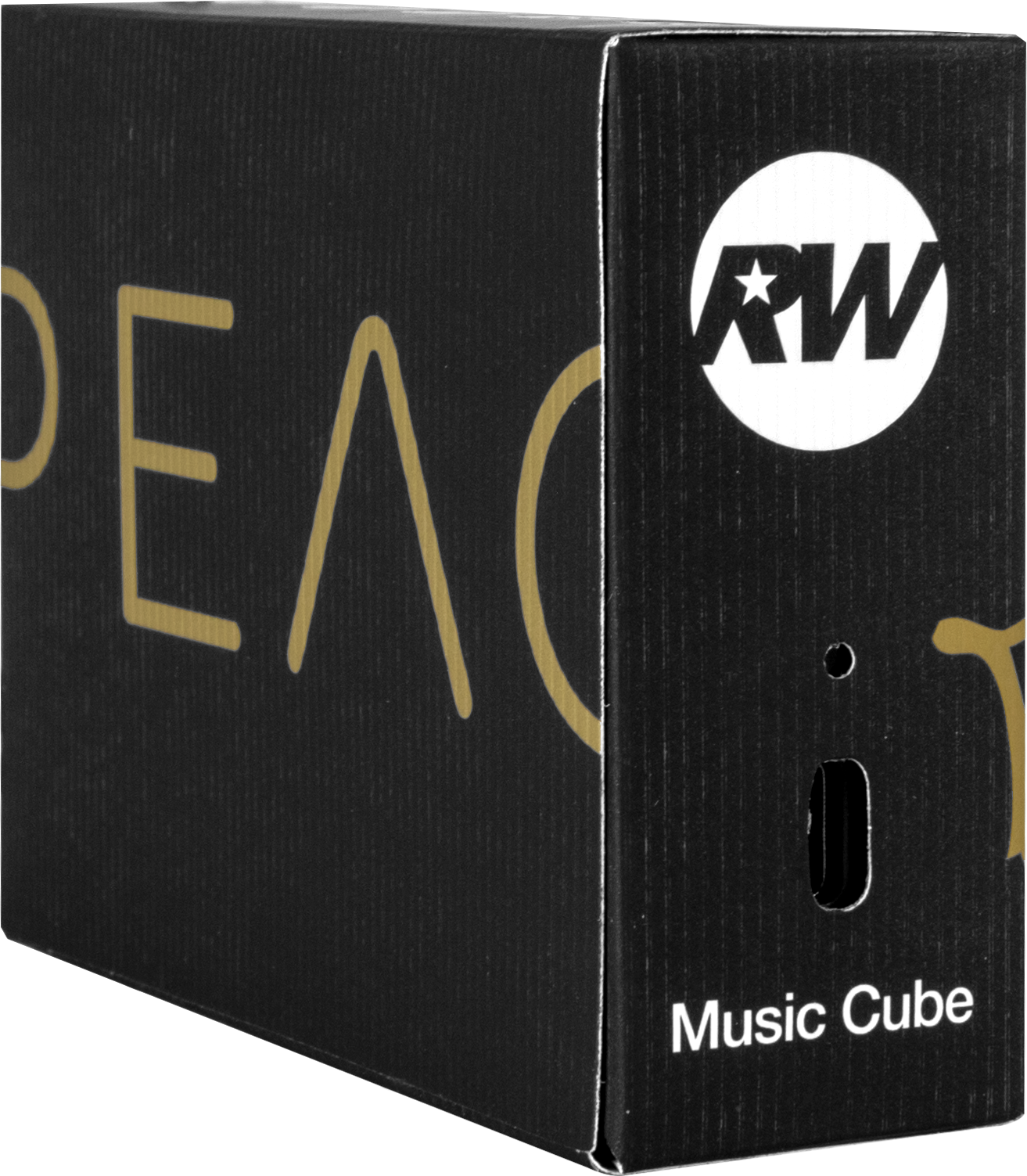 Boîte noire avec lettrage doré 'PEAC' visible. Logo 'RW' sur cercle blanc. Texte 'Music Cube' sous une découpe de poignée.