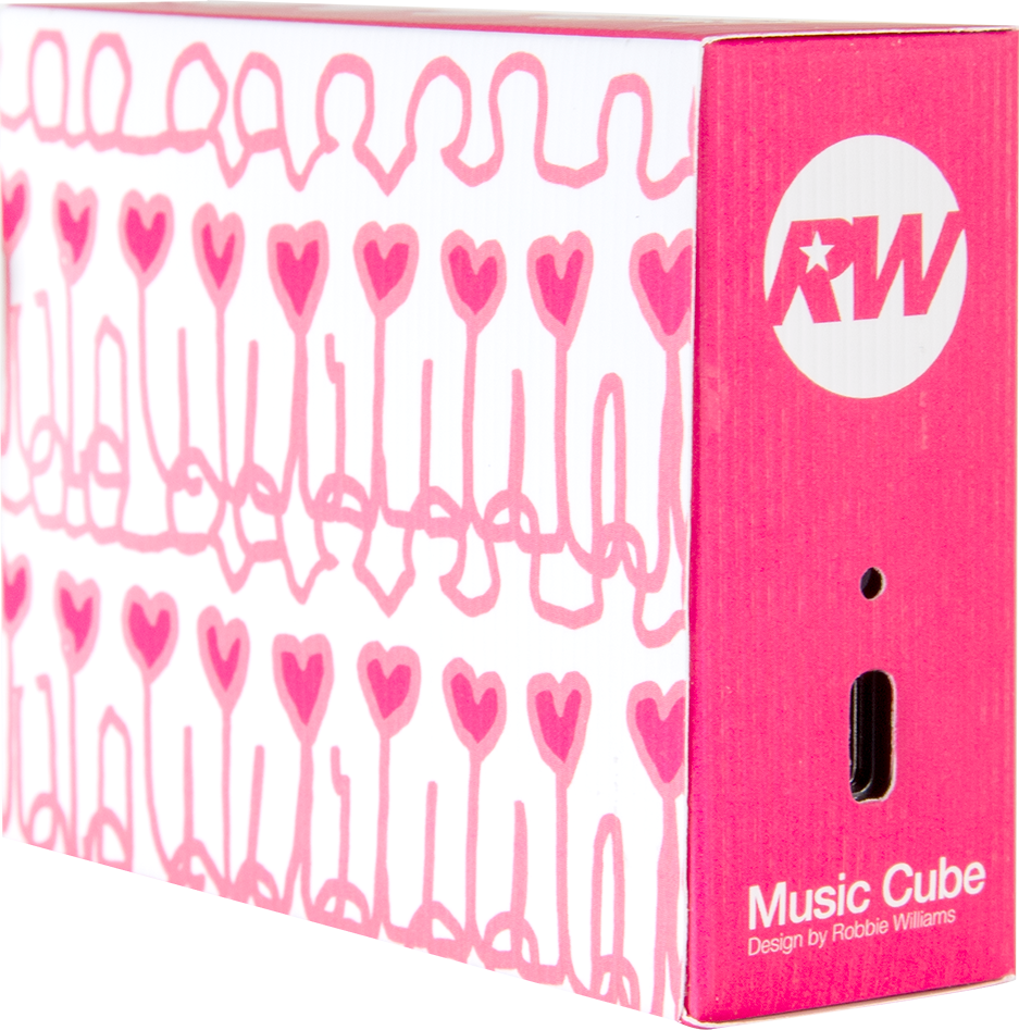 Boîte cube rose avec motif de cœurs et de figures blanches. Le côté porte le logo 'RW' et indique 'Music Cube' de Robbie Williams.