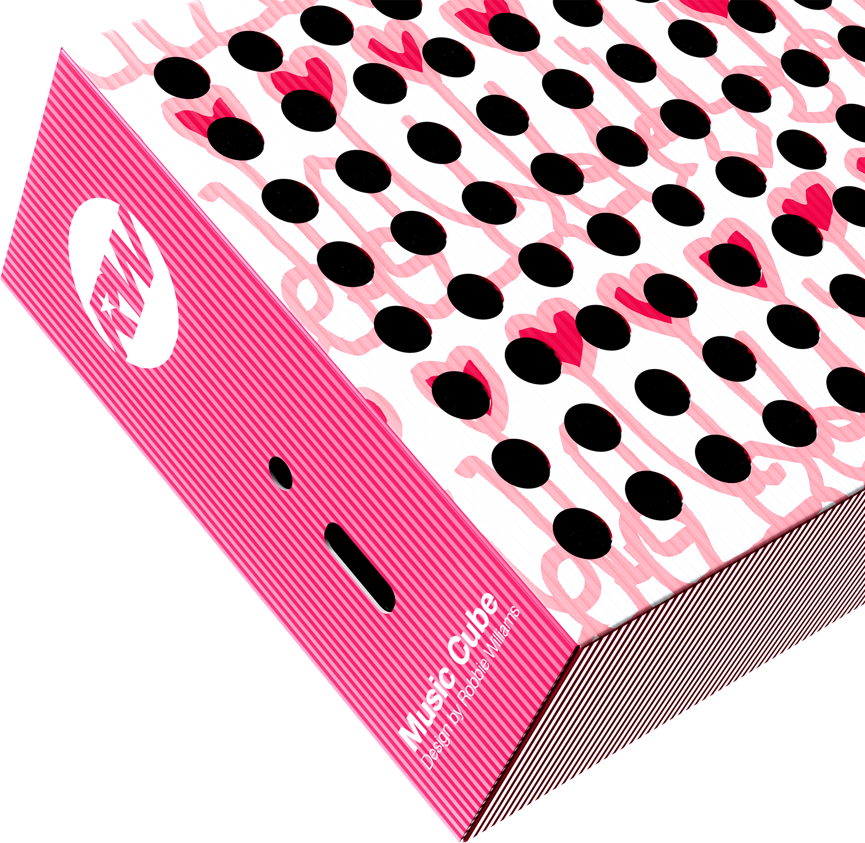 Cube rose et blanc avec points noirs, cœurs rouges et logo RW. Texte : 'Music Cube'.