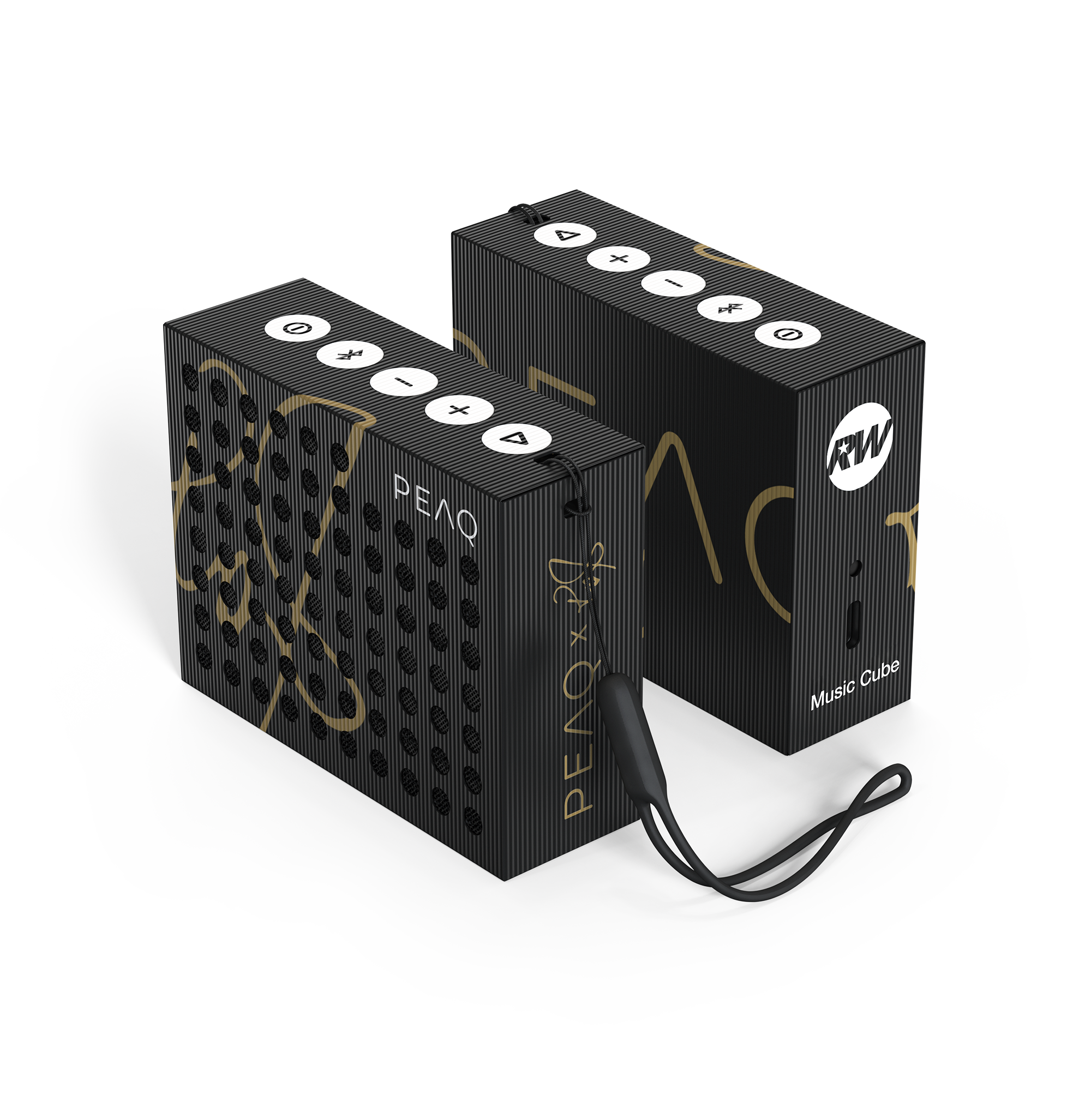 Deux cubes musicaux noirs avec des accents dorés et des boutons blancs. L'un a une sangle.