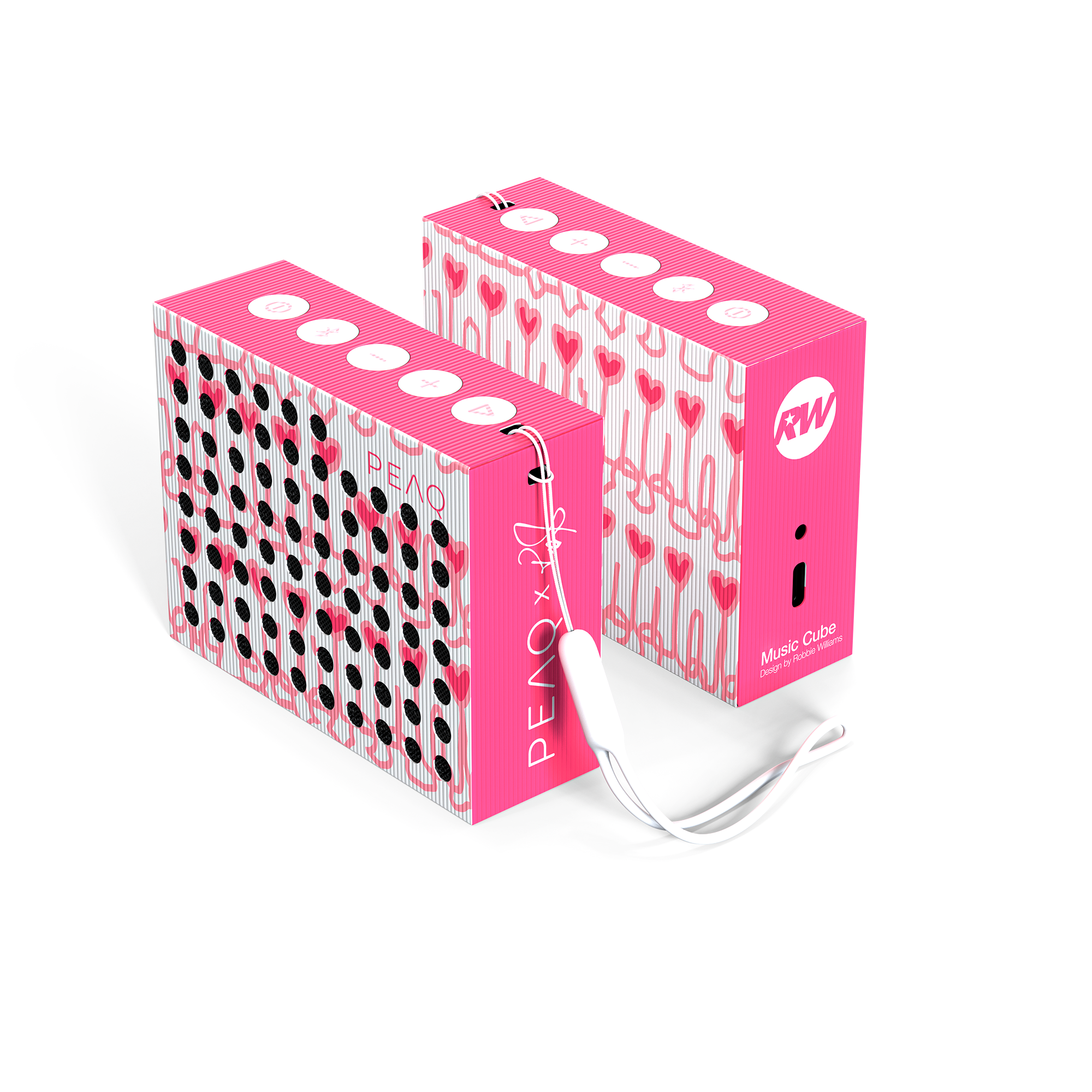 Deux enceintes Music Cube roses avec motif cœur, boutons blancs et cordon blanc. Les enceintes ont des trous noirs.