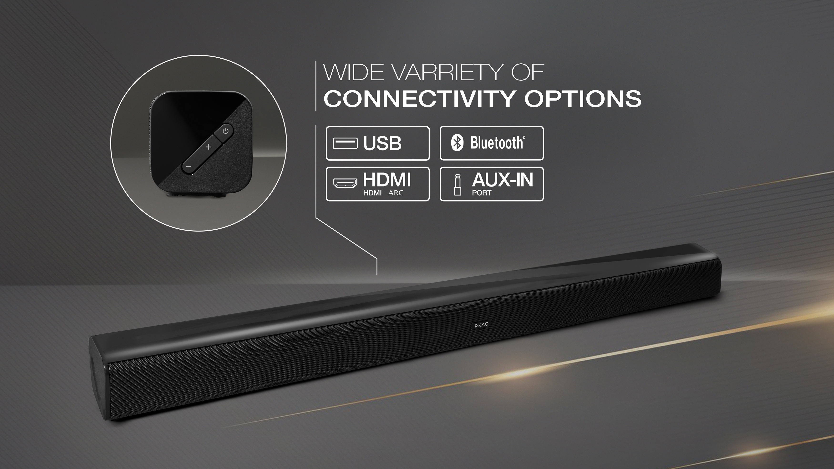 Schwarze Soundbar mit Anschlussmöglichkeiten: USB, HDMI, Bluetooth und AUX-IN. Eine quadratische Steuereinheit ist ebenfalls sichtbar.