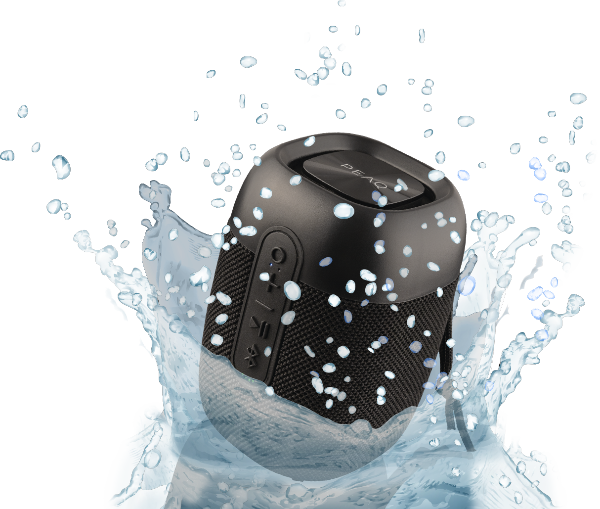 Un haut-parleur noir entouré d'eau éclaboussée. Des gouttelettes blanches sont dispersées. Le haut-parleur a des boutons.