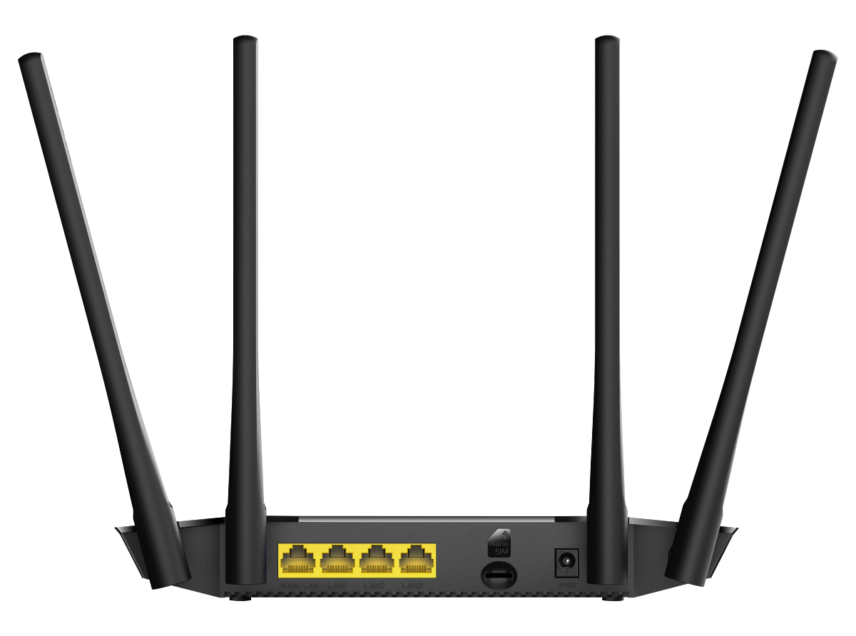 Czarny router z czterema antenami. Ma żółte porty LAN oraz gniazda zasilania i SIM. Tło jest czarne.