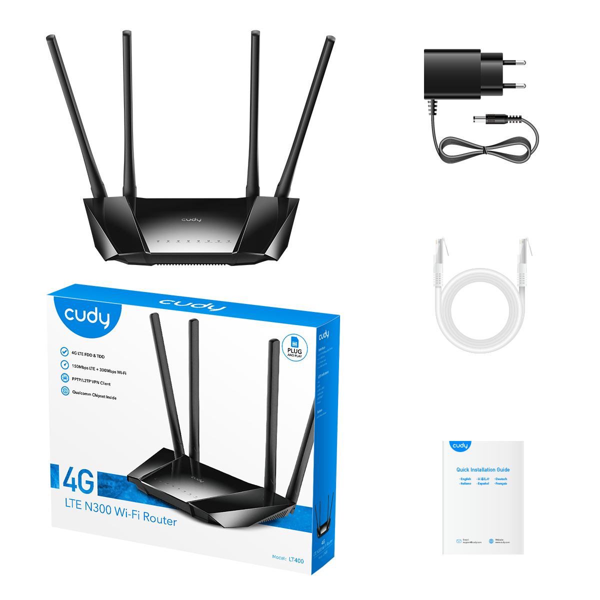 Zdjęcie przedstawia router Cudy LTE N300 Wi-Fi, zasilacz, biały kabel i instrukcję szybkiej instalacji.