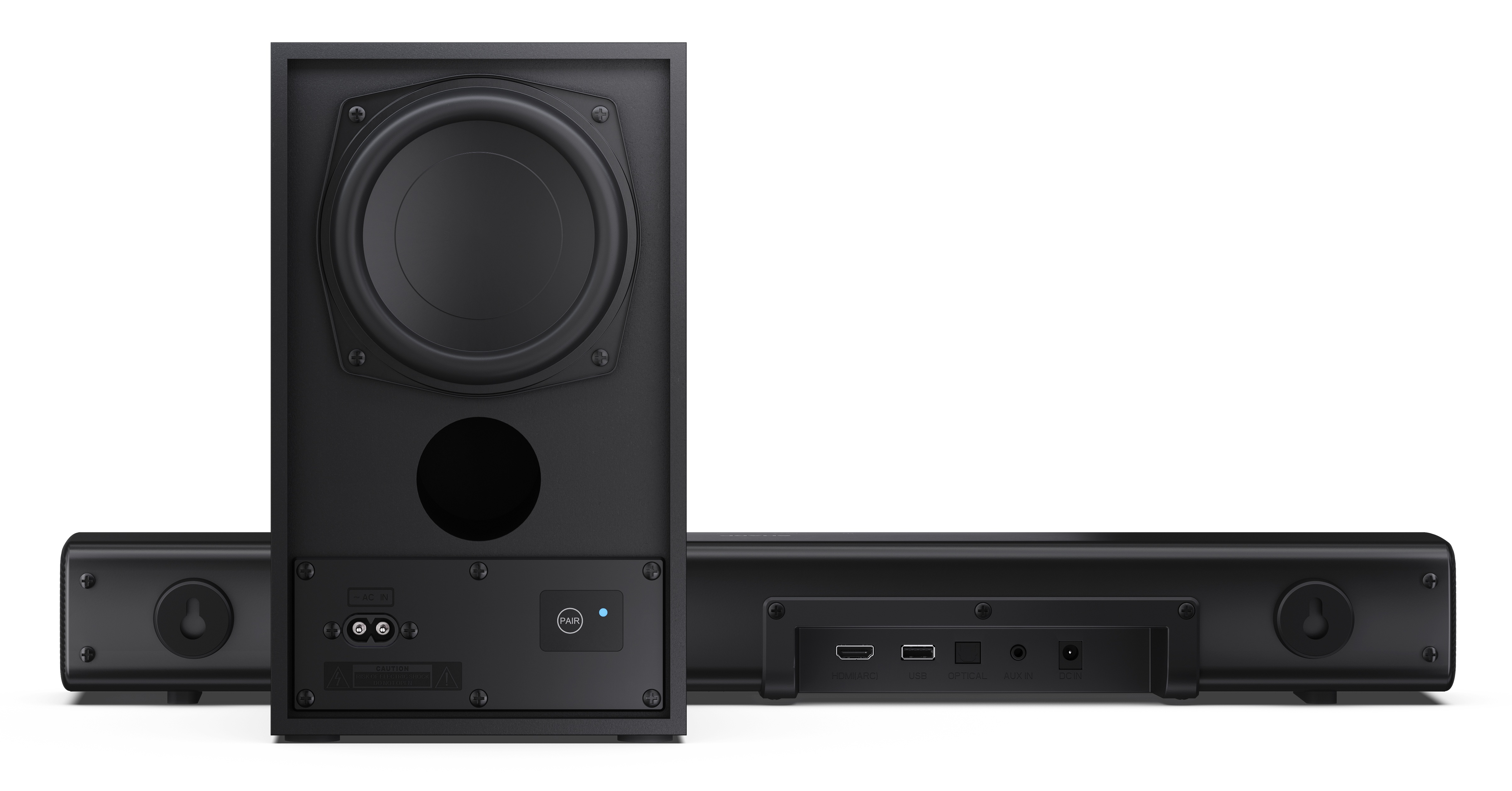 Czarny zestaw soundbar i subwoofer. Subwoofer ma duży głośnik. Soundbar ma porty HDMI, USB i AUX.