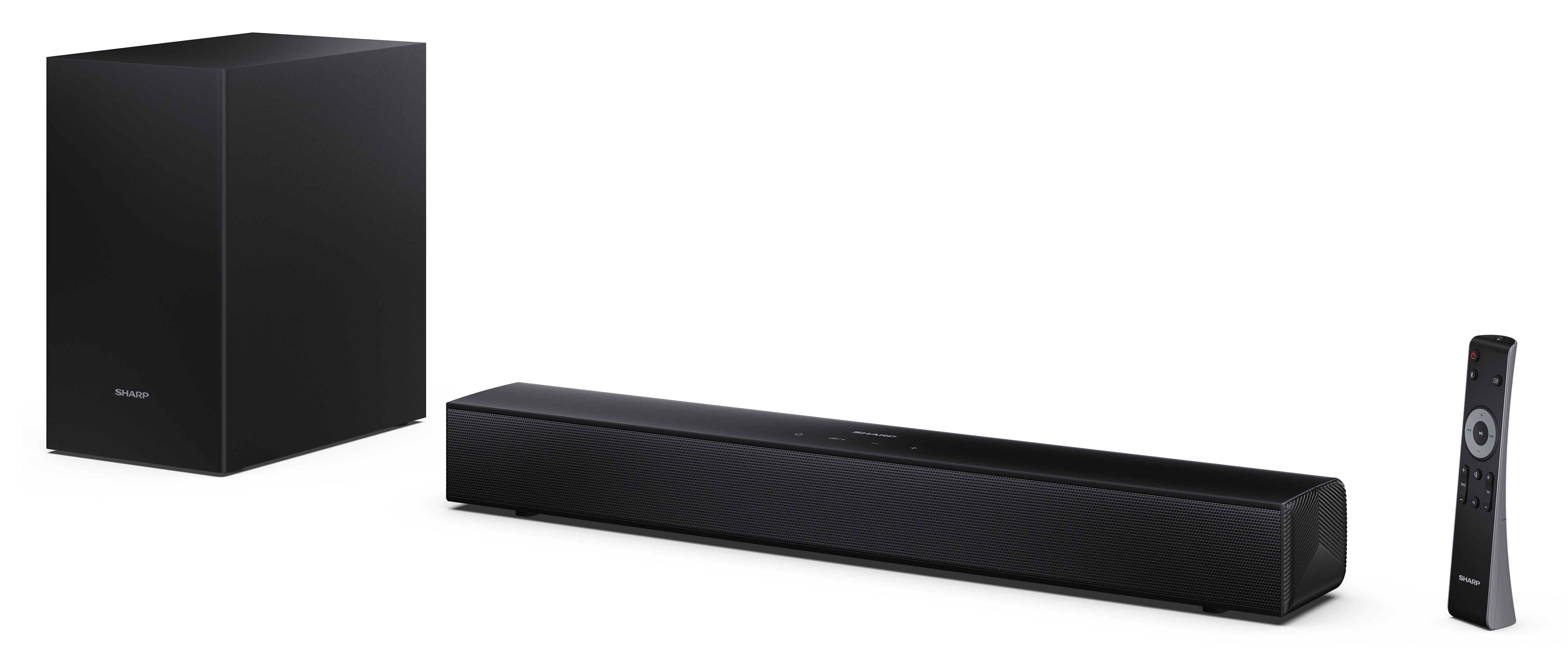 Czarny system soundbar Sharp. Zawiera subwoofer, soundbar i pilota, wszystko na białym tle.