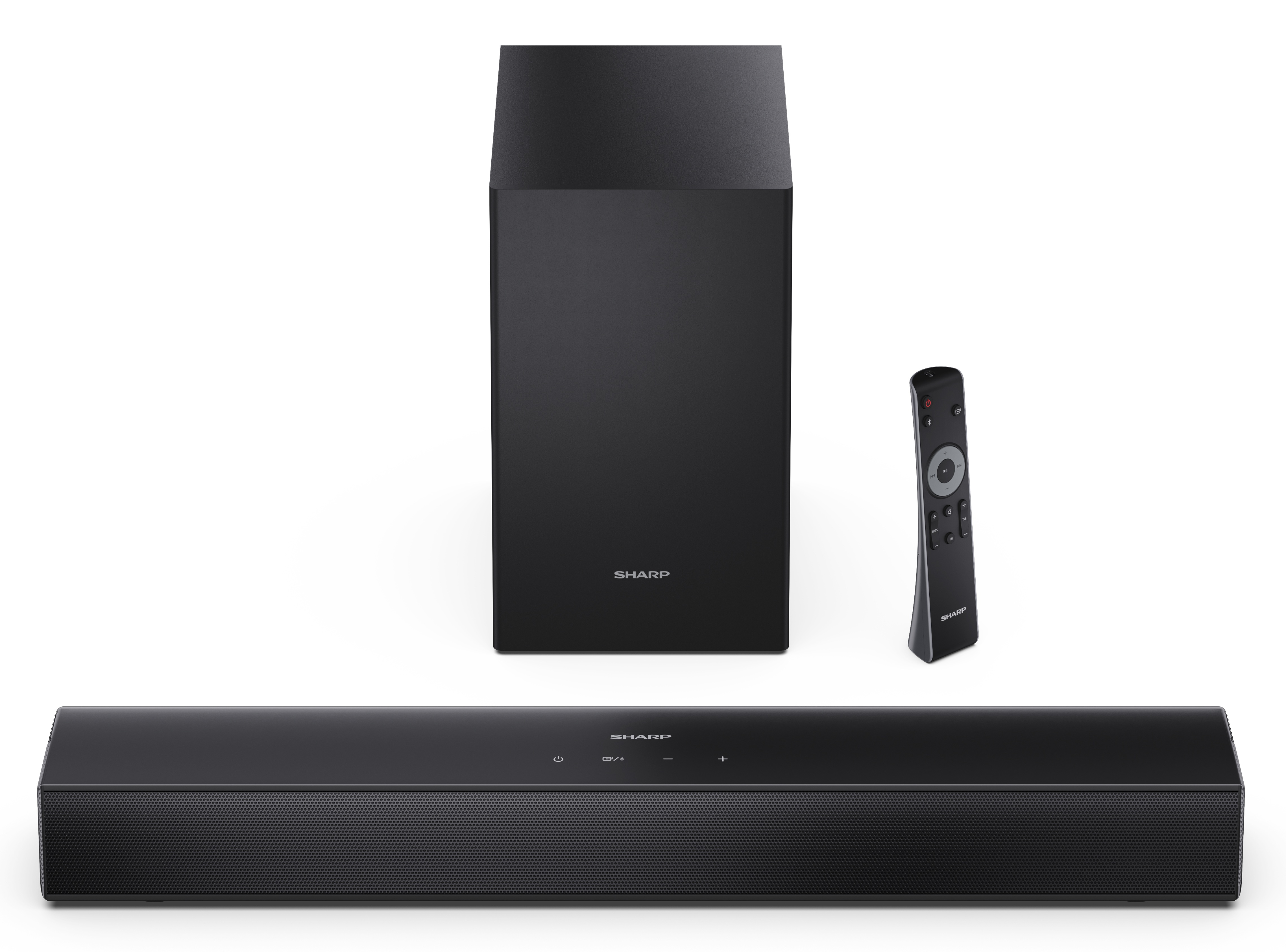Czarny system soundbar Sharp. Zawiera subwoofer, soundbar i pilota.