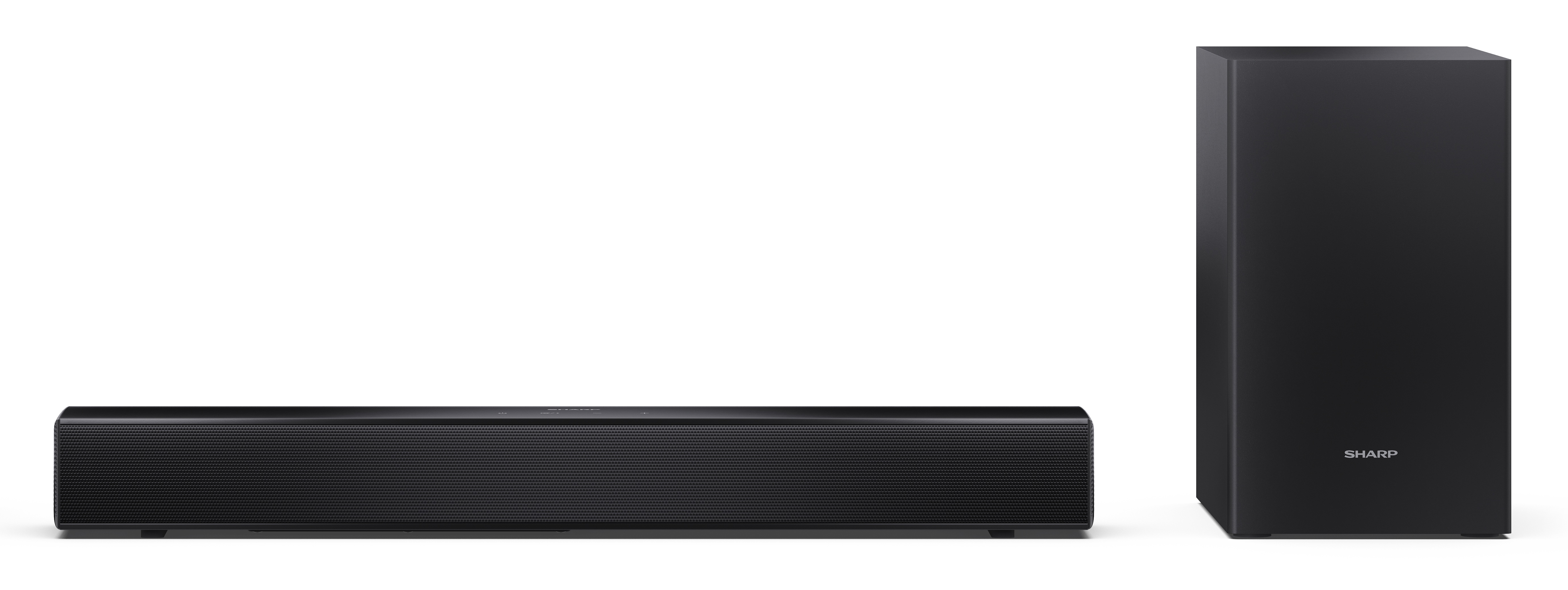 Czarny zestaw soundbar i subwoofer. Soundbar jest poziomy, a subwoofer pionowy. Oba mają logo Sharp.