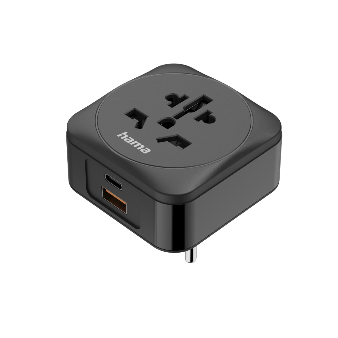 Ein schwarzer Hama Universal-Reiseadapter mit mehreren Steckdosen, USB- und USB-C-Anschlüssen und einem silbernen Erdungsstift.
