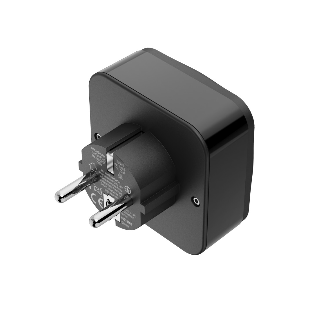 Ein schwarzer Netzadapter mit zwei silbernen Stiften. Der Adapter hat Text und ein CE-Zeichen. Der Hintergrund ist weiß.