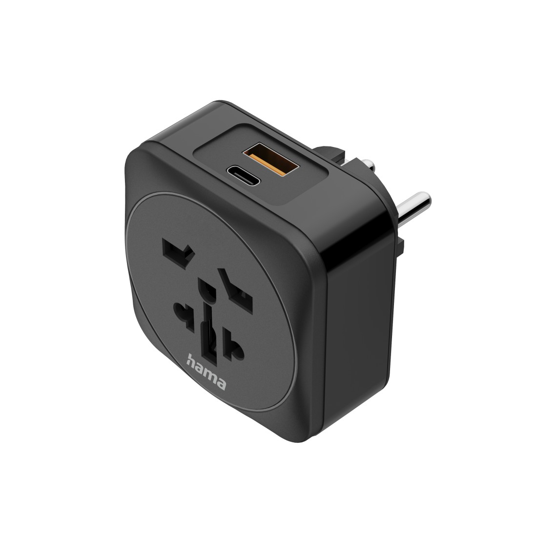 Schwarzer Hama Universal-Reiseadapter mit mehreren Steckdosen, USB-Anschlüssen und einem Typ-C-Anschluss auf weißem Hintergrund.