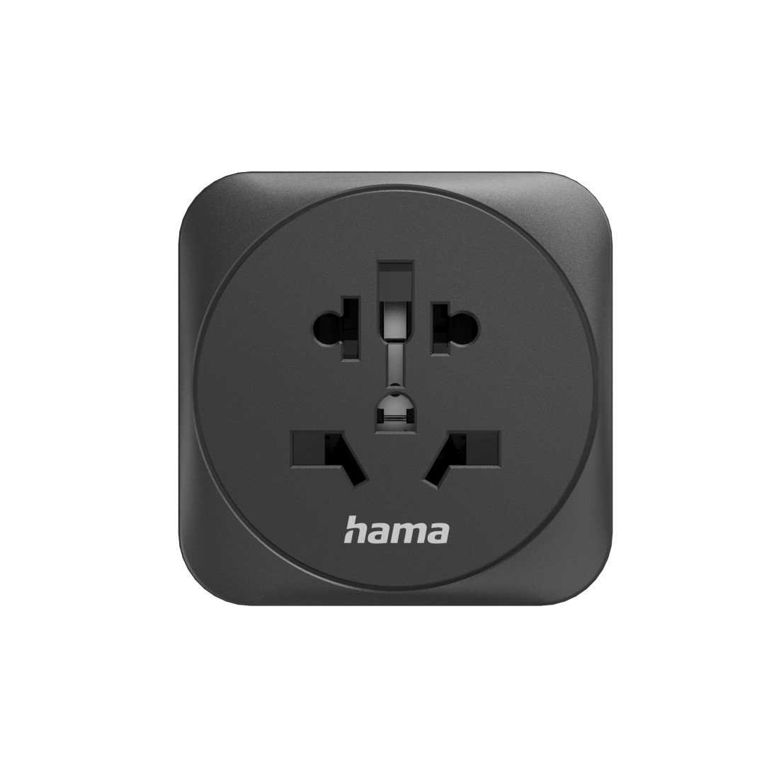 Ein schwarzer Universal-Reiseadapter mit mehreren Steckertypen. Der Markenname 'hama' ist sichtbar. Der Hintergrund ist weiß.