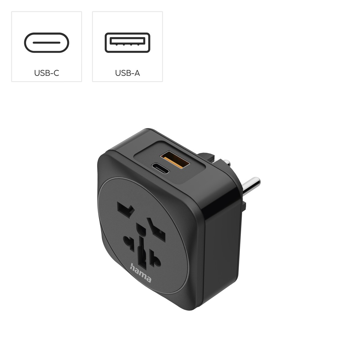 Schwarzer Hama Universal-Reiseadapter mit USB-C- und USB-A-Anschlüssen. USB-C- und USB-A-Symbole sind über dem Adapter abgebildet.