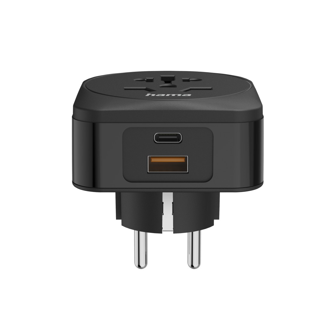 Schwarzer Hama-Reiseadapter mit USB-C- und USB-Anschlüssen sowie EU-Stecker. Oben steht Hama.
