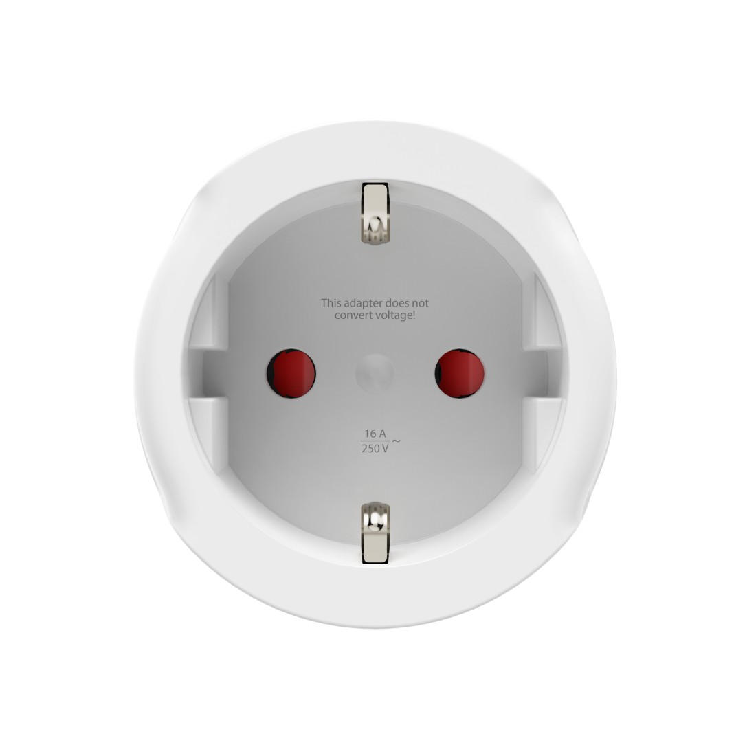 Weißer europäischer Stromadapter mit zwei roten Löchern. Text: Dieser Adapter wandelt keine Spannung um!