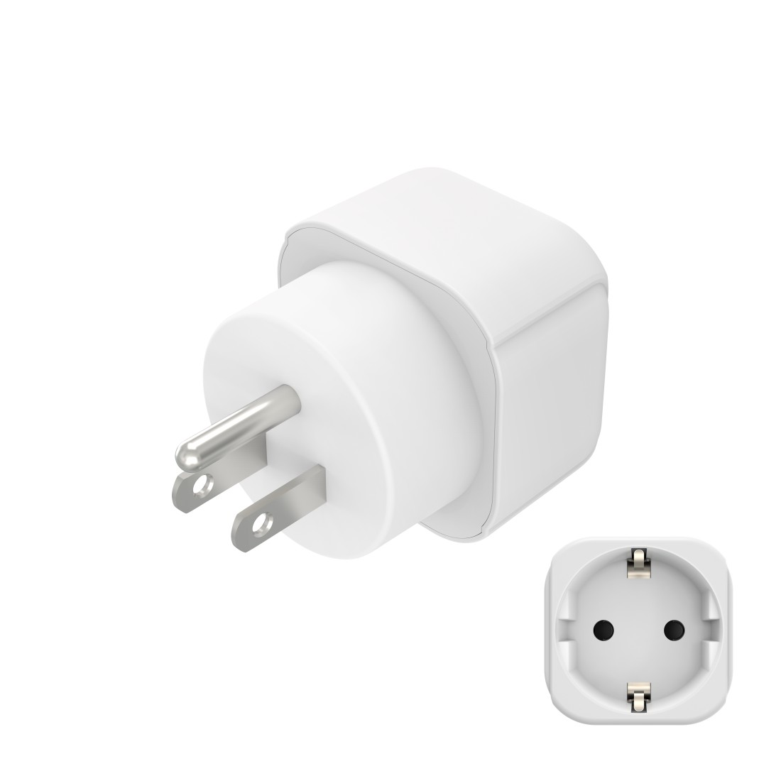 Ein weißer Elektroadapter mit zwei flachen und einem runden Stift. Eine europäische Steckdose ist unten abgebildet.