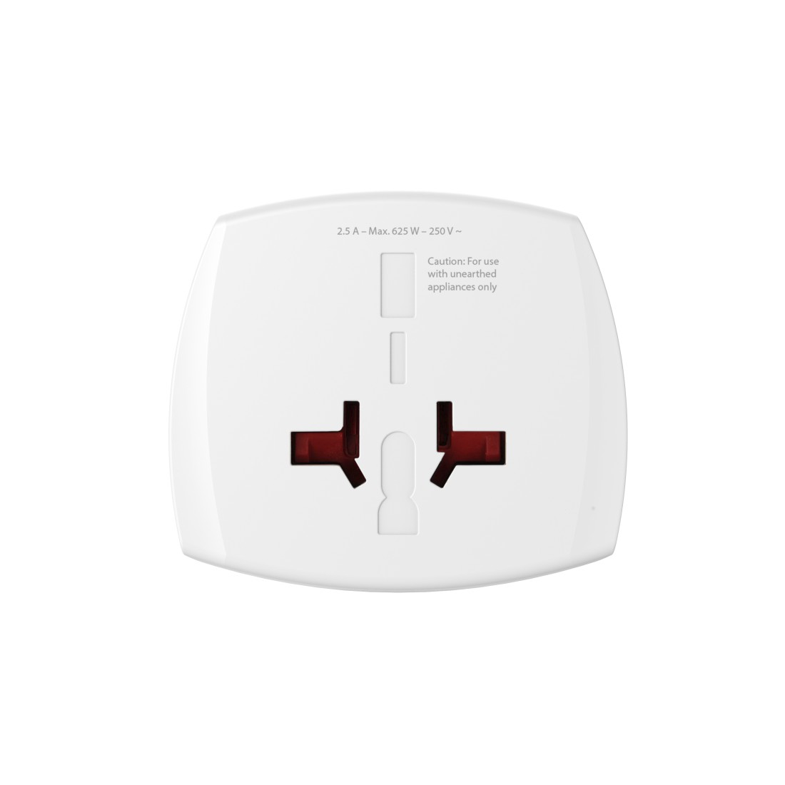 Ein weißer Universaladapter mit rot gefärbten Steckdosen. Text zeigt Spannung und Stromstärke für ungeerdete Geräte.
