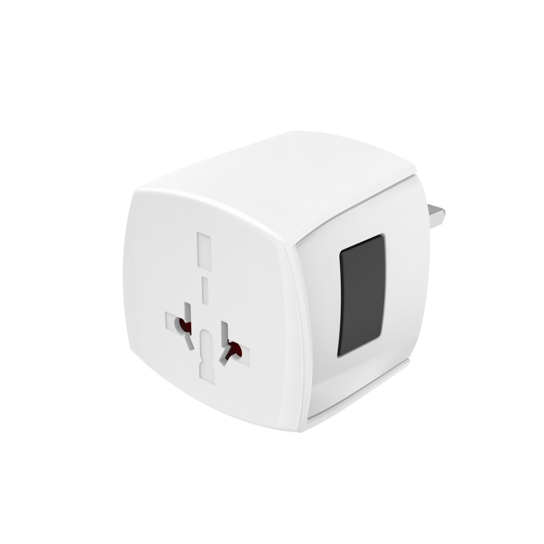Ein weißer Universal-Reiseadapter. Er hat mehrere Stecker-Konfigurationen und einen schwarzen Netzschalter. Der Hintergrund ist weiß.
