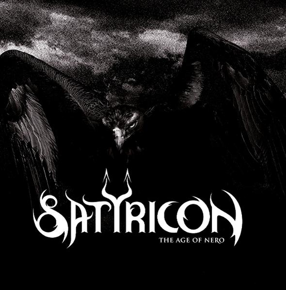Schwarz-weißes Albumcover. Ein Vogel mit ausgebreiteten Flügeln dominiert das Bild. Darunter steht der Bandname 'Satyricon' mit 'The Age of Nero'.