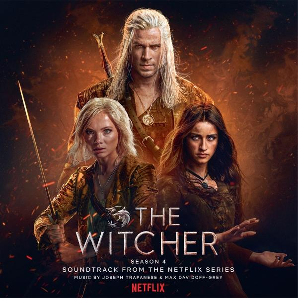 Poster für The Witcher Staffel 4. Zeigt drei Charaktere, mit einem Mann in der Mitte. Der Titel der Show und das Netflix-Logo sind sichtbar.