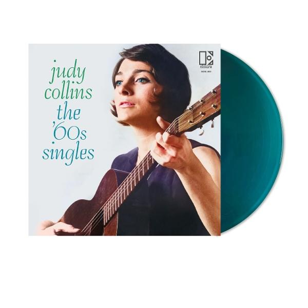 Albumcover: Judy Collins mit Gitarre. Die Singles der 60er. Eine tealfarbene Schallplatte rechts.