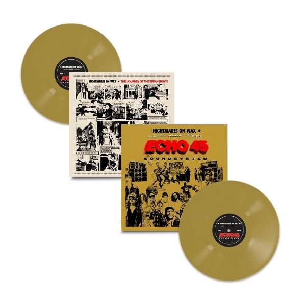 Goldene Schallplatten, Albumcover mit Comic-Illustrationen und Albumcover mit Text 'ECHO 45 SOUNDSYSTEM' werden angezeigt.