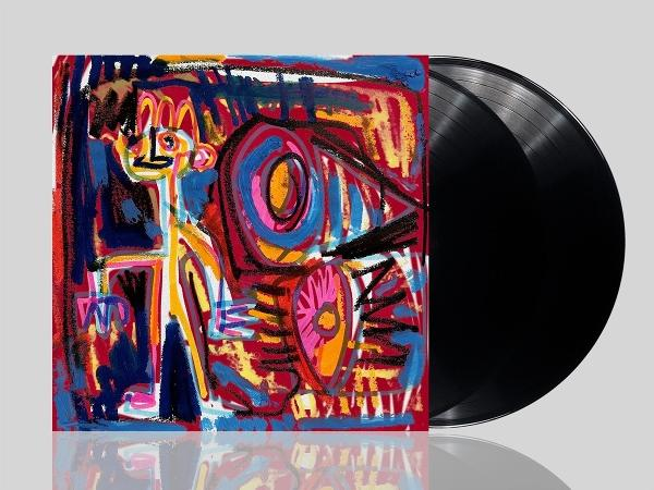 Abstrakte Albumcover-Kunst mit einer gemalten Figur. Rechts befinden sich zwei schwarze Schallplatten.