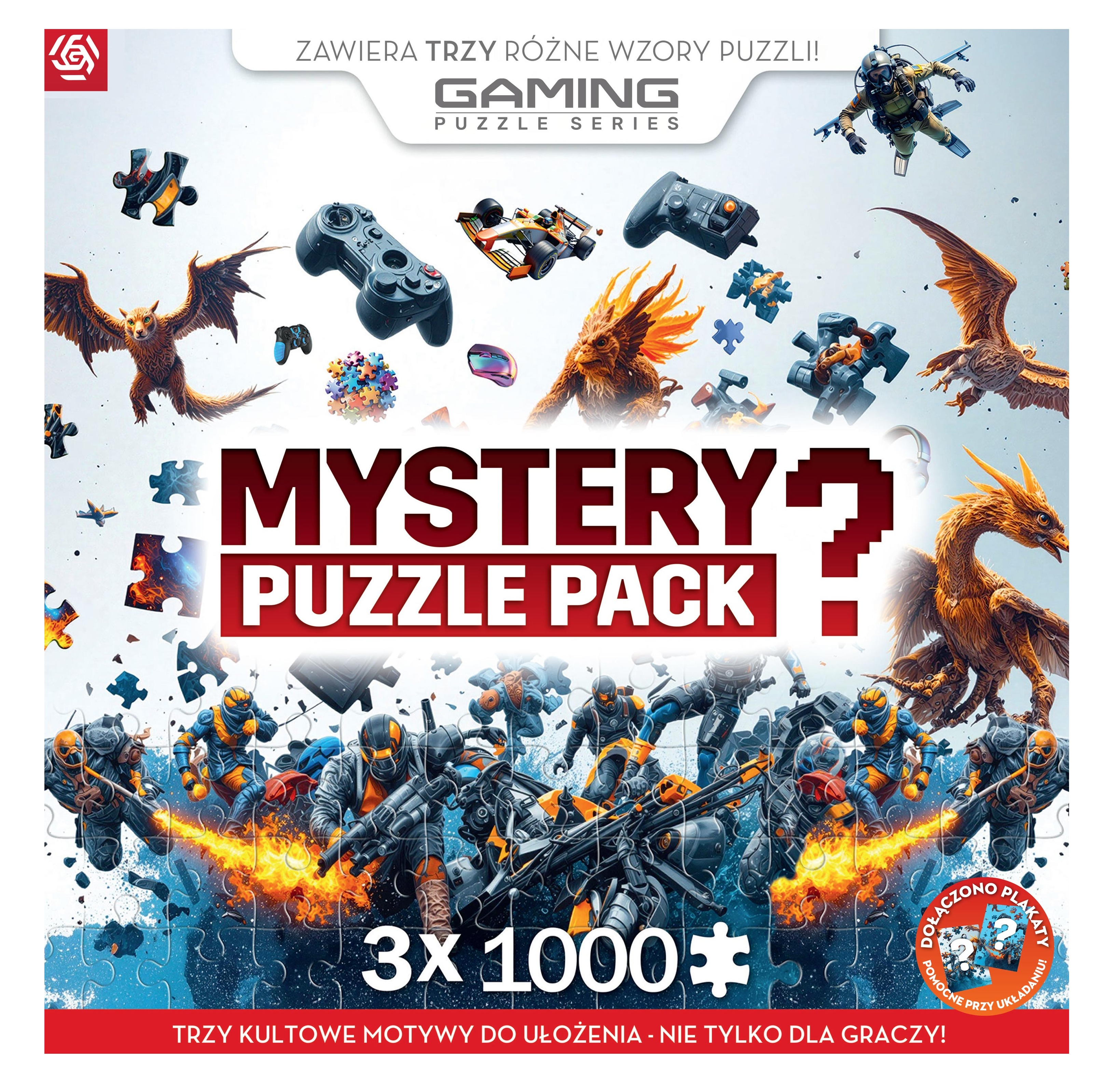 Pudełko z puzzlami z postaciami z gier, smokami i kontrolerami. Tekst: 'Mystery Puzzle Pack' i '3x1000'.