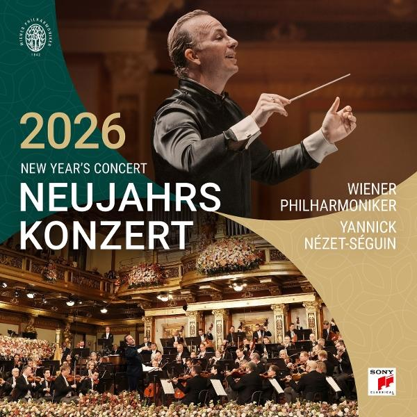 Dirigent Yannick Nézet-Séguin dirigiert die Wiener Philharmoniker im Konzert. Das Poster wirbt für das Neujahrskonzert 2026.