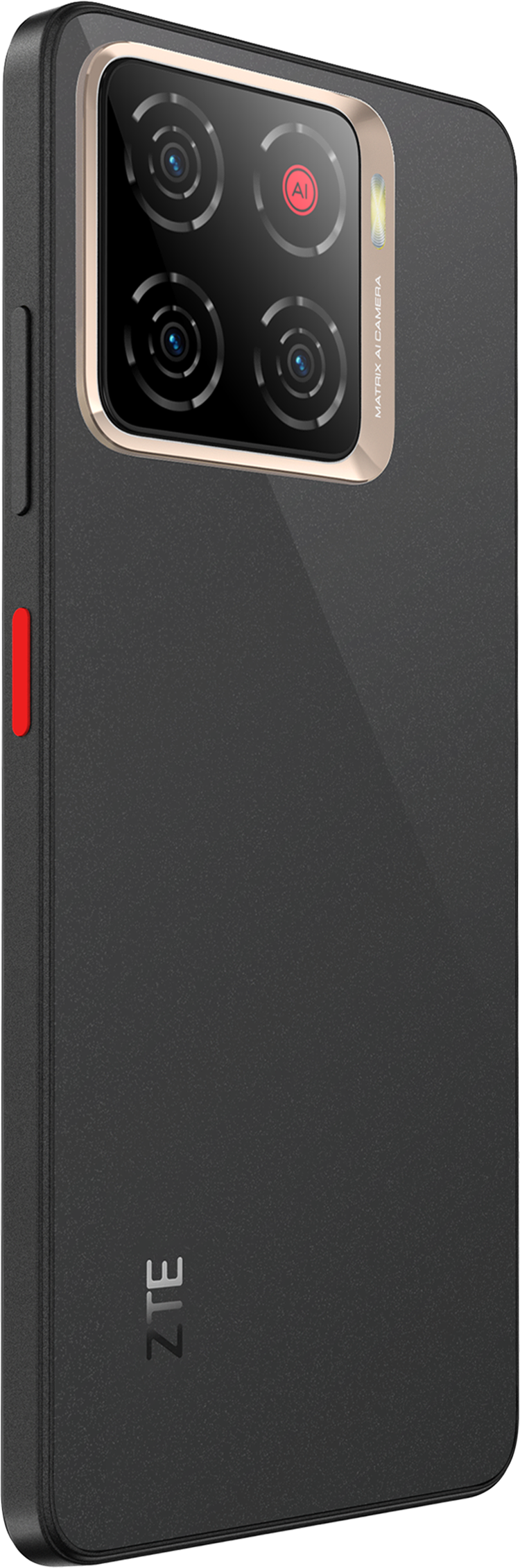 Fekete ZTE telefon kameramodullal. A modul négy lencsével rendelkezik. A telefonon piros gomb van.