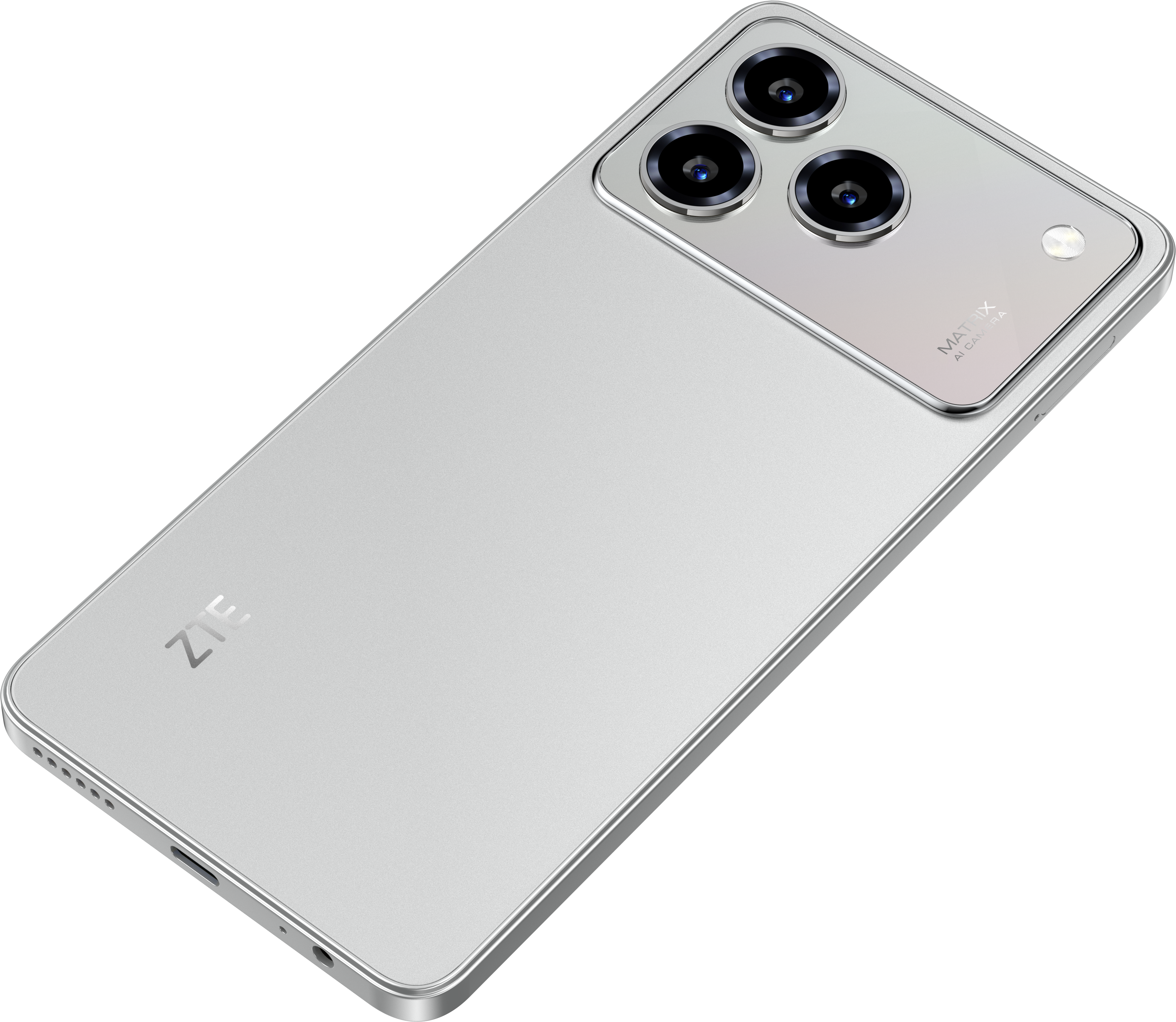 Ezüst okostelefon háromlencsés kamerával. ZTE logó látható. A telefon fekete háttér előtt.