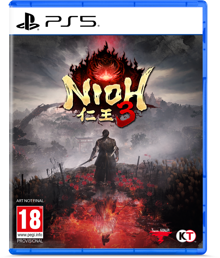 Okładka gry Nioh 3. Wojownik stoi w ognistym krajobrazie, trzymając miecz. Tytuł gry jest na górze.