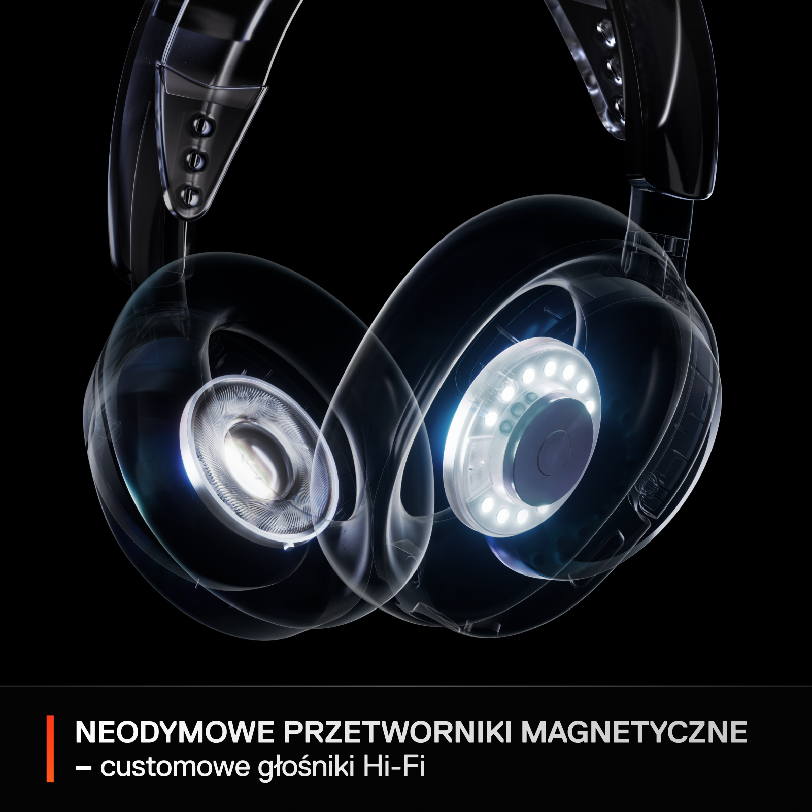 Prześwietlenie czarnych słuchawek. Przezroczysty design ukazuje komponenty wewnętrzne, światła i czarne tło.