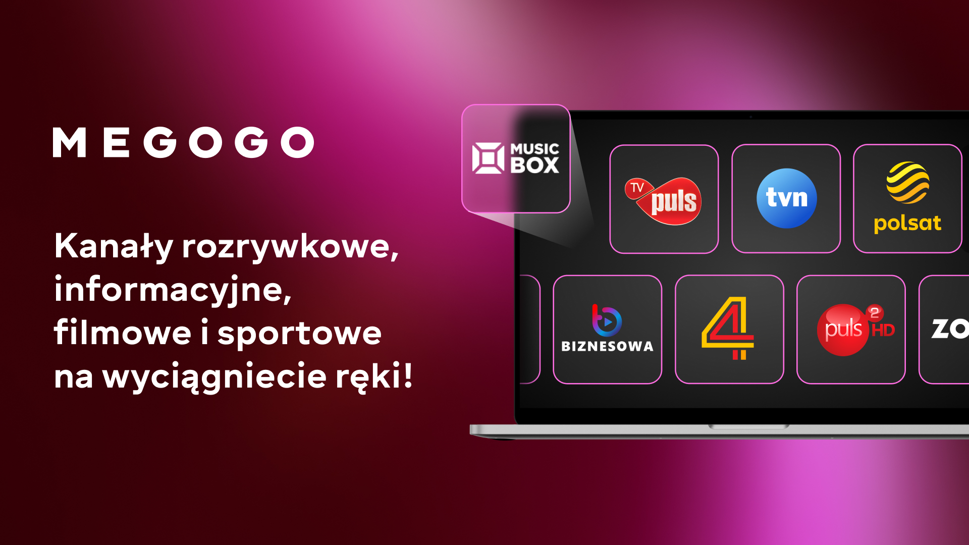 Ekran laptopa wyświetlający kanały TV, takie jak Puls, TVN i Polsat. Logo MEGOGO w lewym górnym rogu z tekstem.