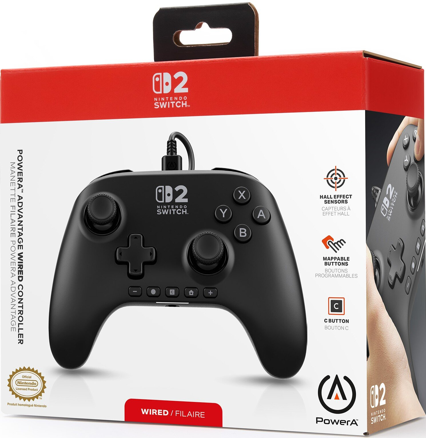 Czarny kontroler Nintendo Switch w pudełku. Pudełko jest biało-czerwone. Kontroler ma przyciski i kabel.