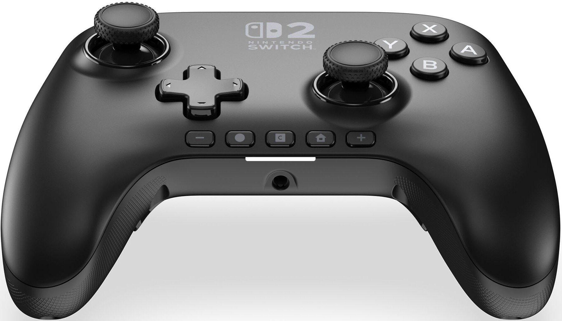 Czarny kontroler Nintendo Switch z przyciskami, joystickami i krzyżakiem. Logo Switch jest pośrodku.