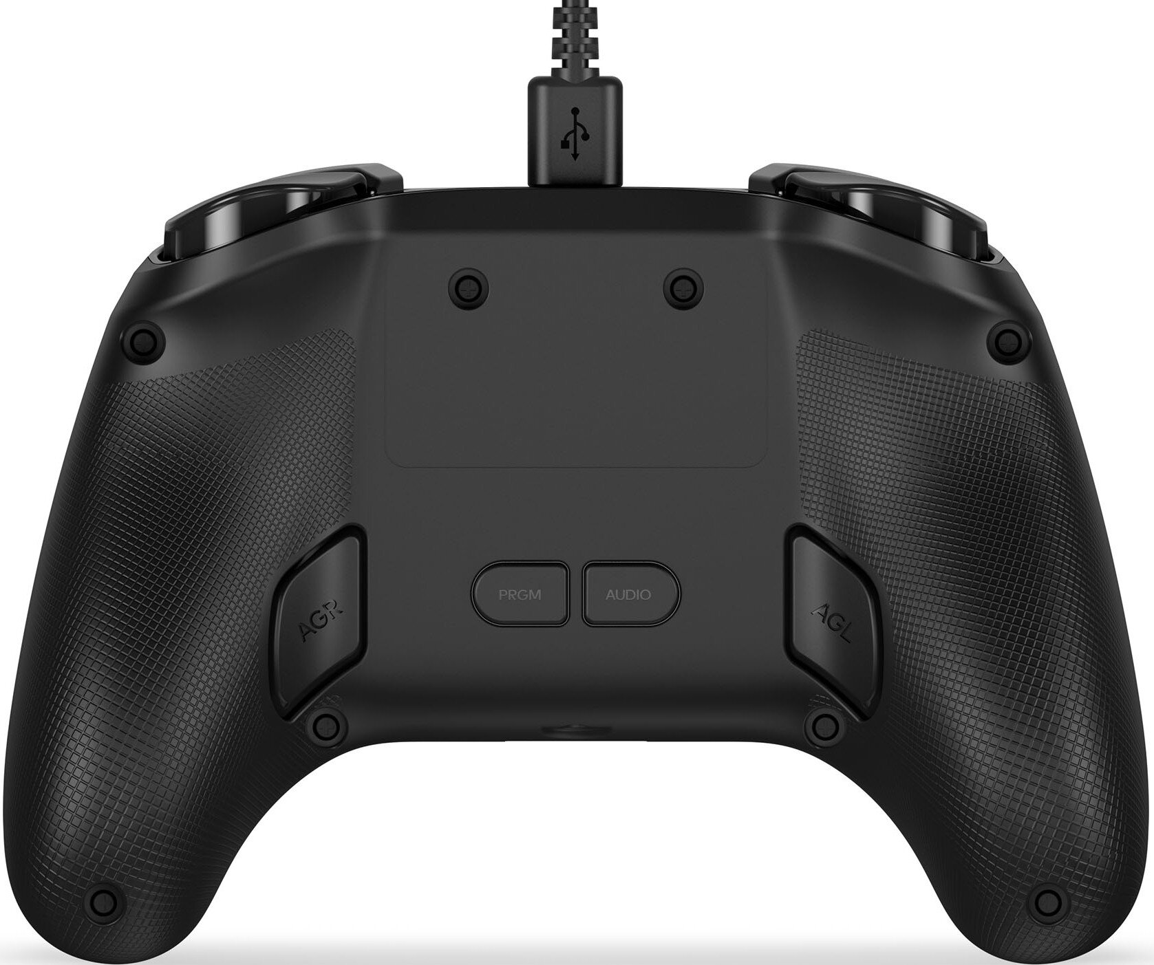 Czarny kontroler do gier z kablem USB. Posiada przyciski, spusty i teksturowany uchwyt. Oznaczenia: "PRGM" i "AUDIO".
