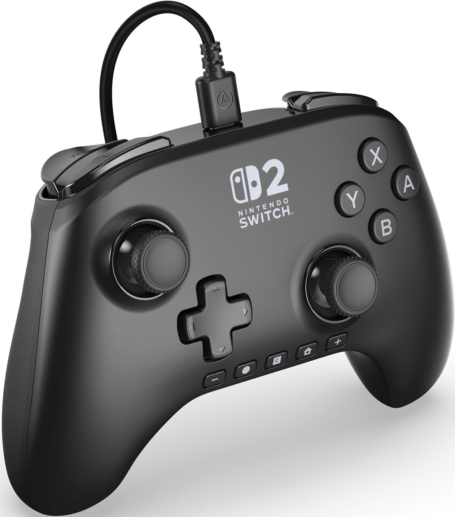 Czarny kontroler Nintendo Switch z przyciskami, joystickami i podłączonym kablem.