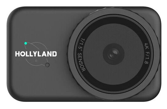 Czarna kamera sportowa Hollyland z dużym obiektywem. Obiektyw oznaczony jest jako '4K F/1.8' i '1/1.5" Sensor'.