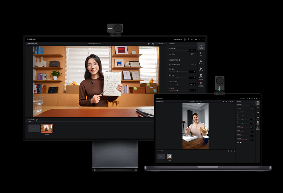 Kobieta na monitorze trzyma notatnik. Laptop wyświetla innego mężczyznę. Interfejs oprogramowania widoczny na obu ekranach.