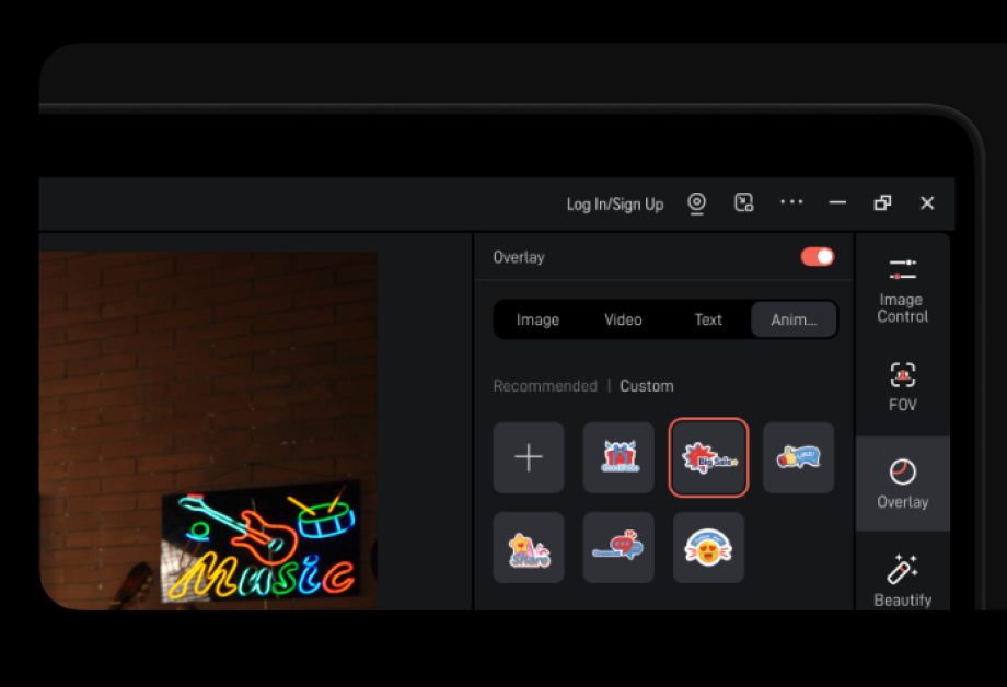 Ekran pokazuje neon z gitarą, perkusją i napisem 'Music'. Menu nakładki wyświetla opcje obrazu i naklejkę 'Big Sale'.