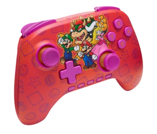Czerwony kontroler Nintendo Switch z Mario, Luigim, Peach i Bowserem. Ma różowe przyciski i krzyżak.