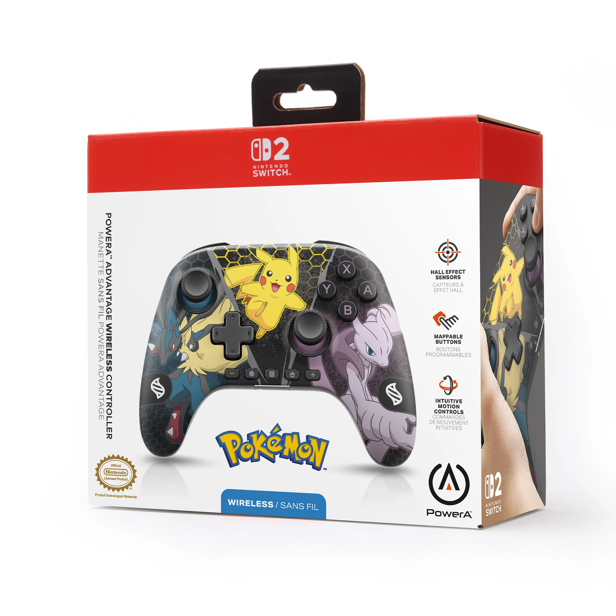 Opakowanie kontrolera Nintendo Switch z Pikachu i Mewtwo. Pudełko jest czerwono-białe z logo Nintendo Switch.