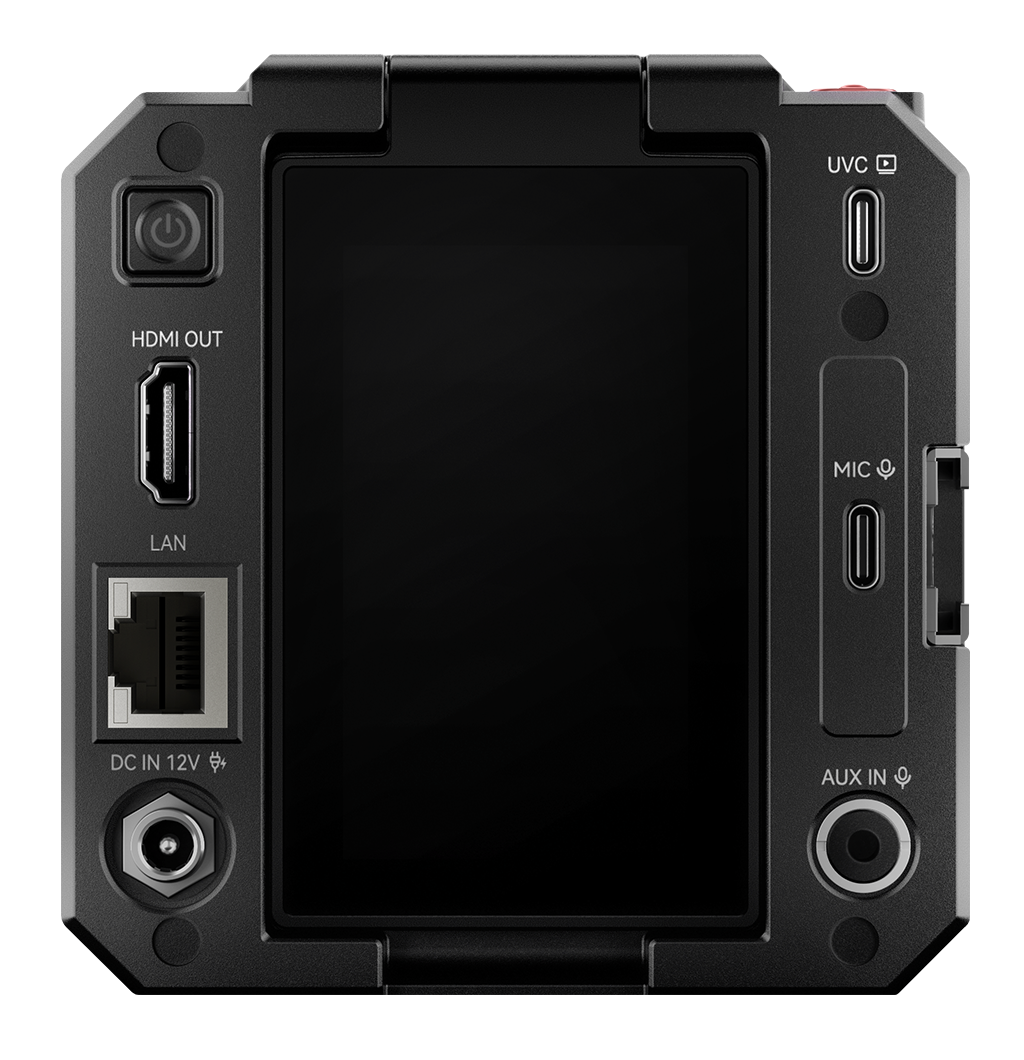 Tył czarnego urządzenia z ekranem, przyciskiem zasilania, HDMI, LAN, wejściem DC, UVC, mikrofonem i wejściem Aux. Porty są oznaczone.
