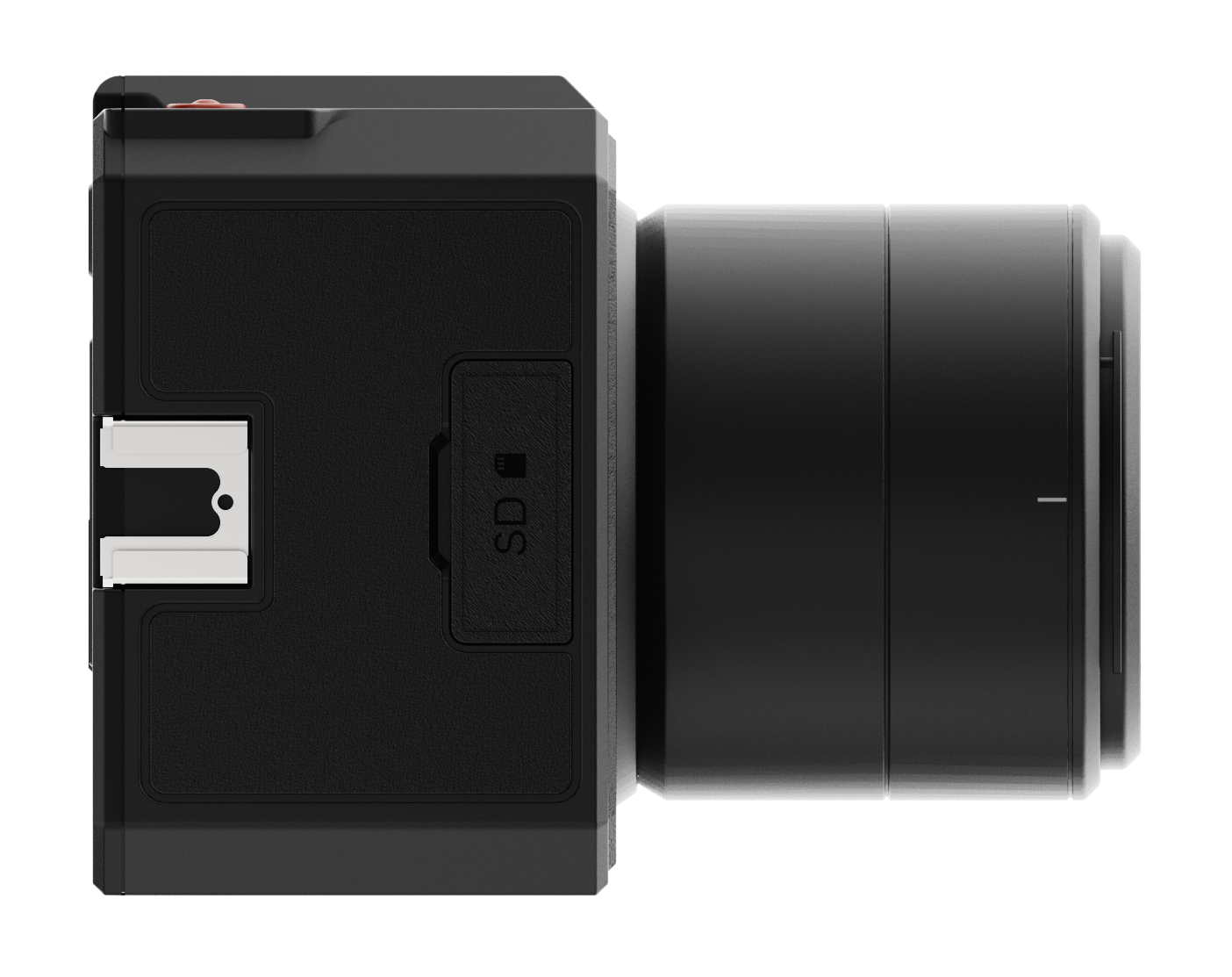 Czarny korpus aparatu i obiektyw widoczne z góry. Widoczny jest slot na kartę SD. Aparat spoczywa na czarnym tle.